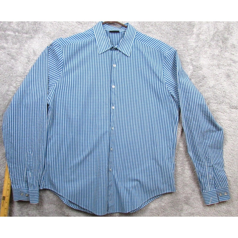 Van Heusen Dress Shirt Mens 16.5 36/37 Blue‎ Gingham Flex Slim Fit Stretch